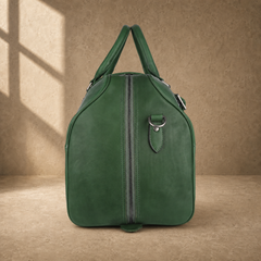 Forest green leather large weekender duffel, end view