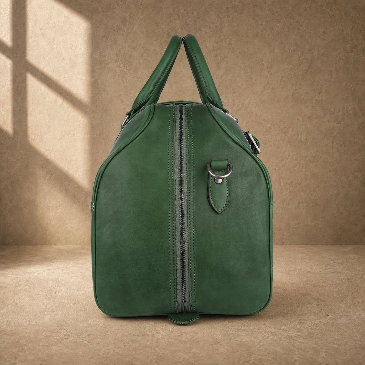 Forest green leather large weekender duffel, end view