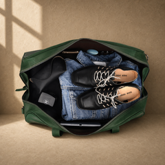Forest green leather large weekender duffel packed for short travel