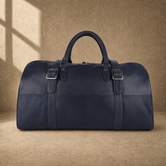 Navy structured buckle travel duffel, clean front view