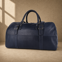 Navy structured buckle travel duffel, three-quarter view