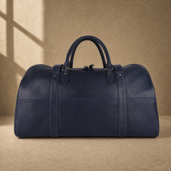 Navy structured buckle travel duffel, rear view