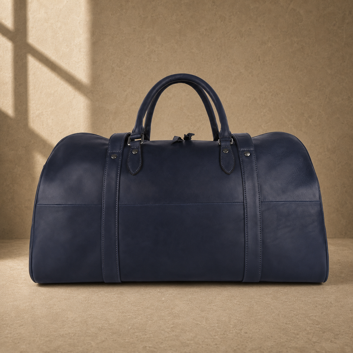 Navy structured buckle travel duffel, rear view