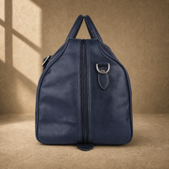 Navy structured buckle travel duffel, zippered side view