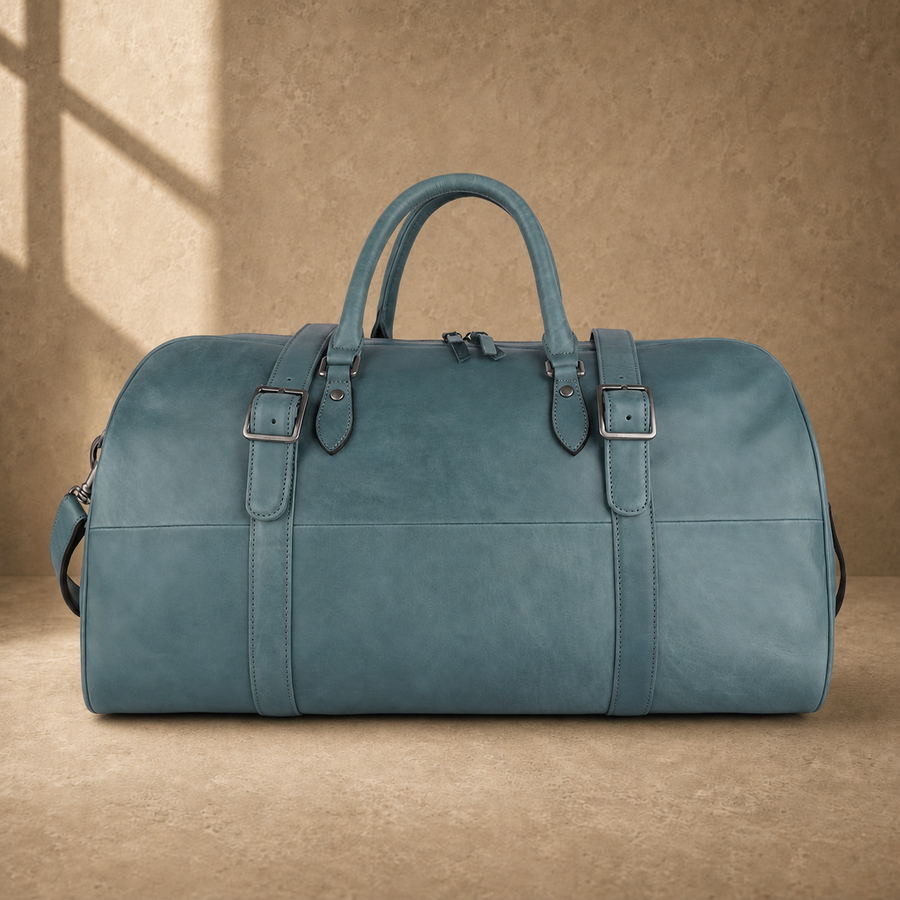 Sky blue structured weekender duffel, front view with shoulder strap