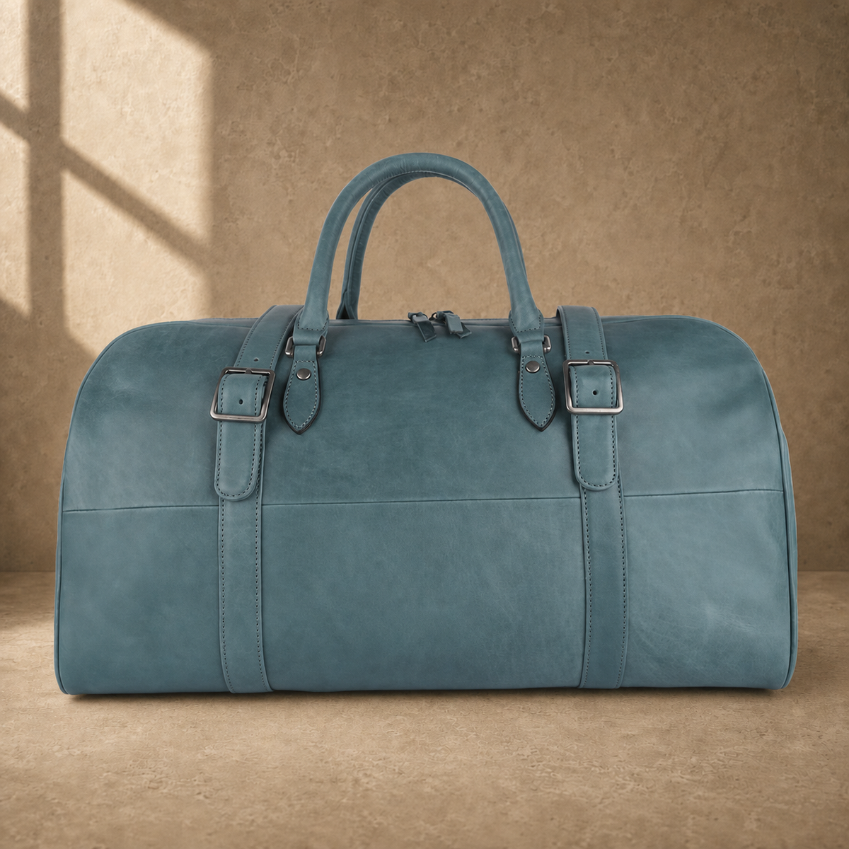 Sky blue structured weekender duffel, clean front view