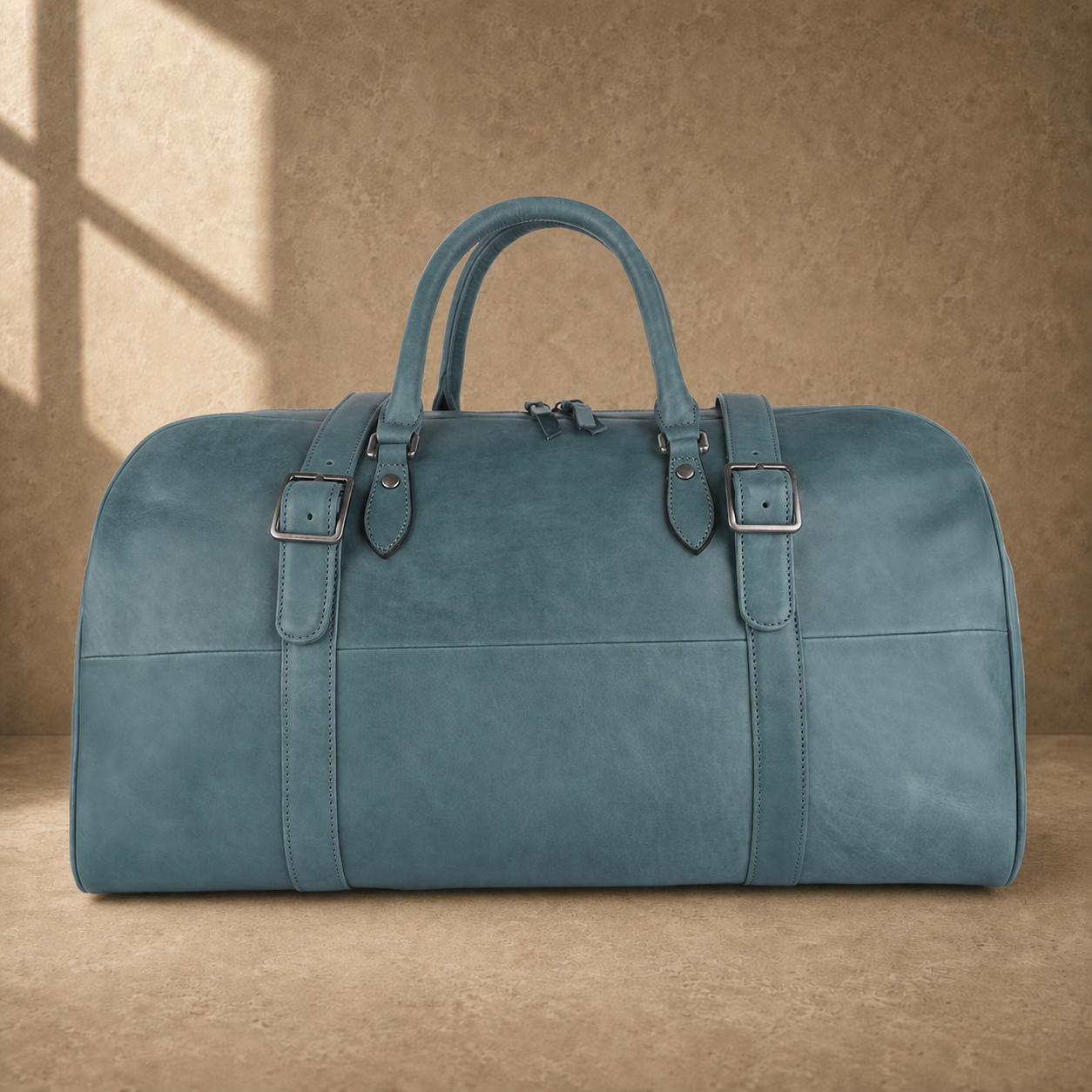 Sky blue structured weekender duffel, clean front view