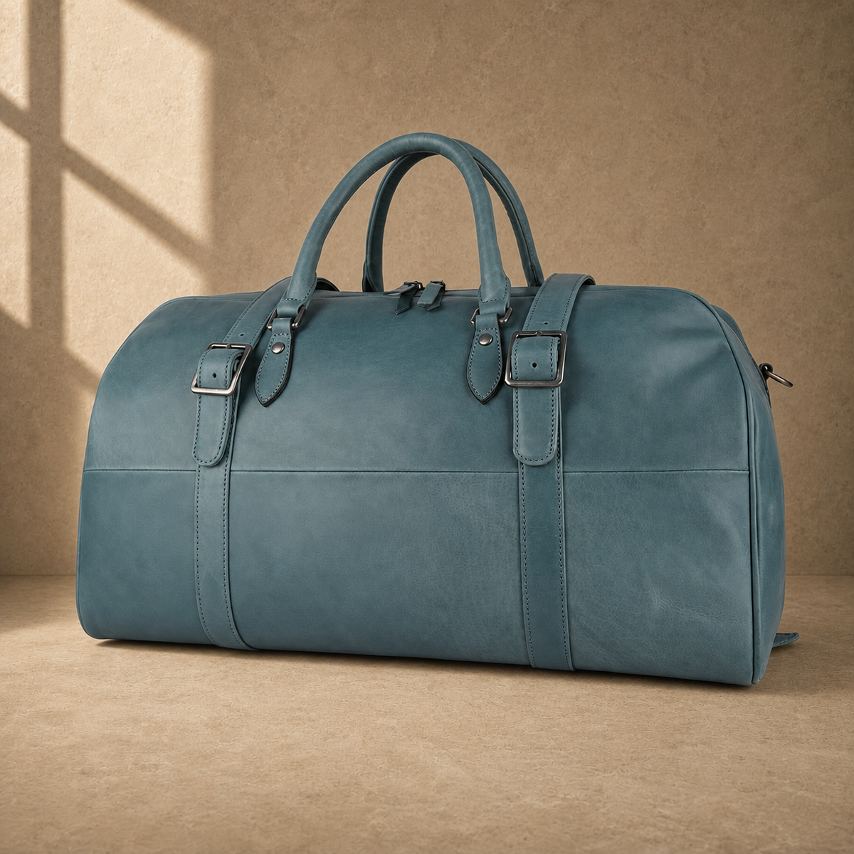 Sky blue structured weekender duffel, three-quarter view