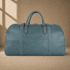 Sky blue structured weekender duffel, rear view