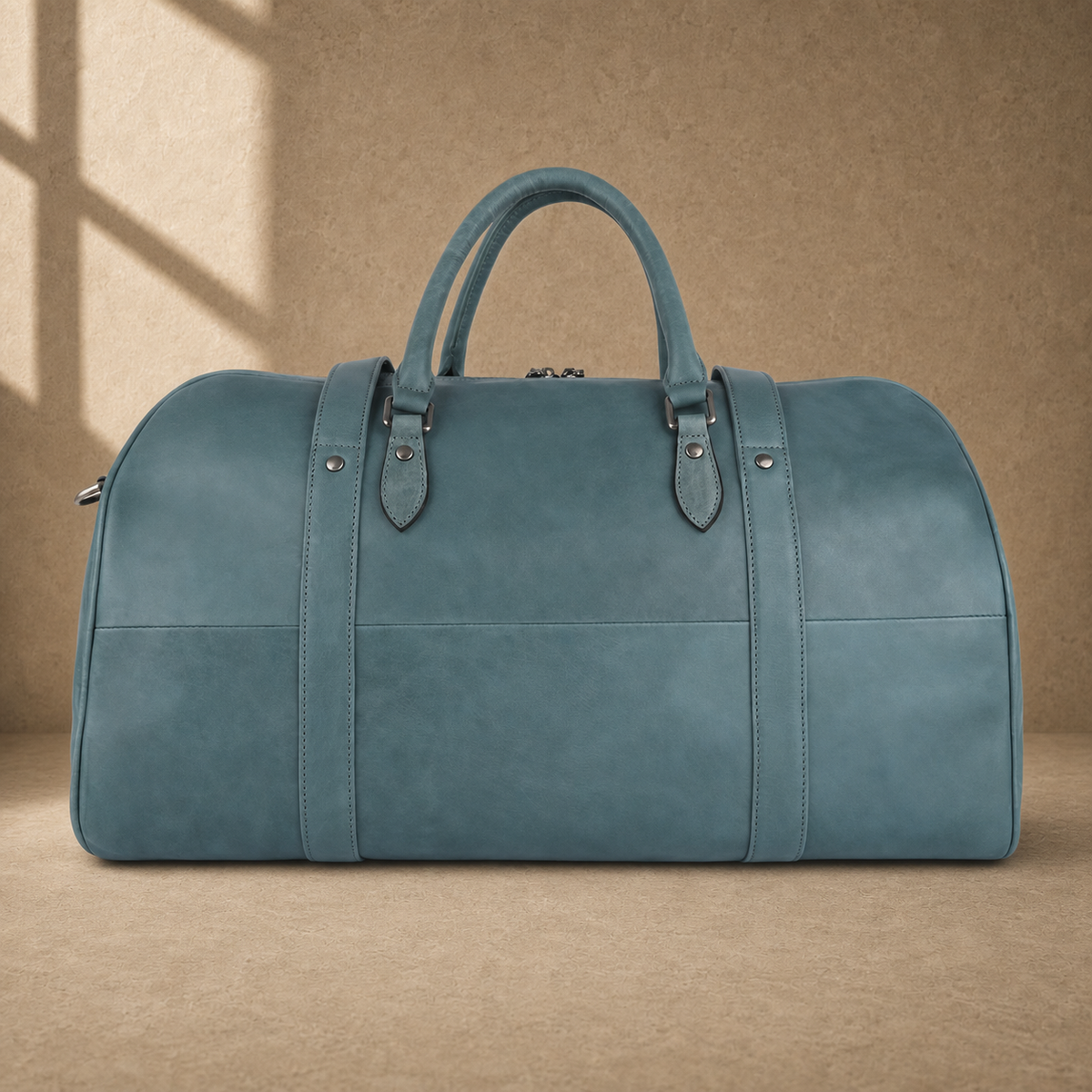 Sky blue structured weekender duffel, rear view