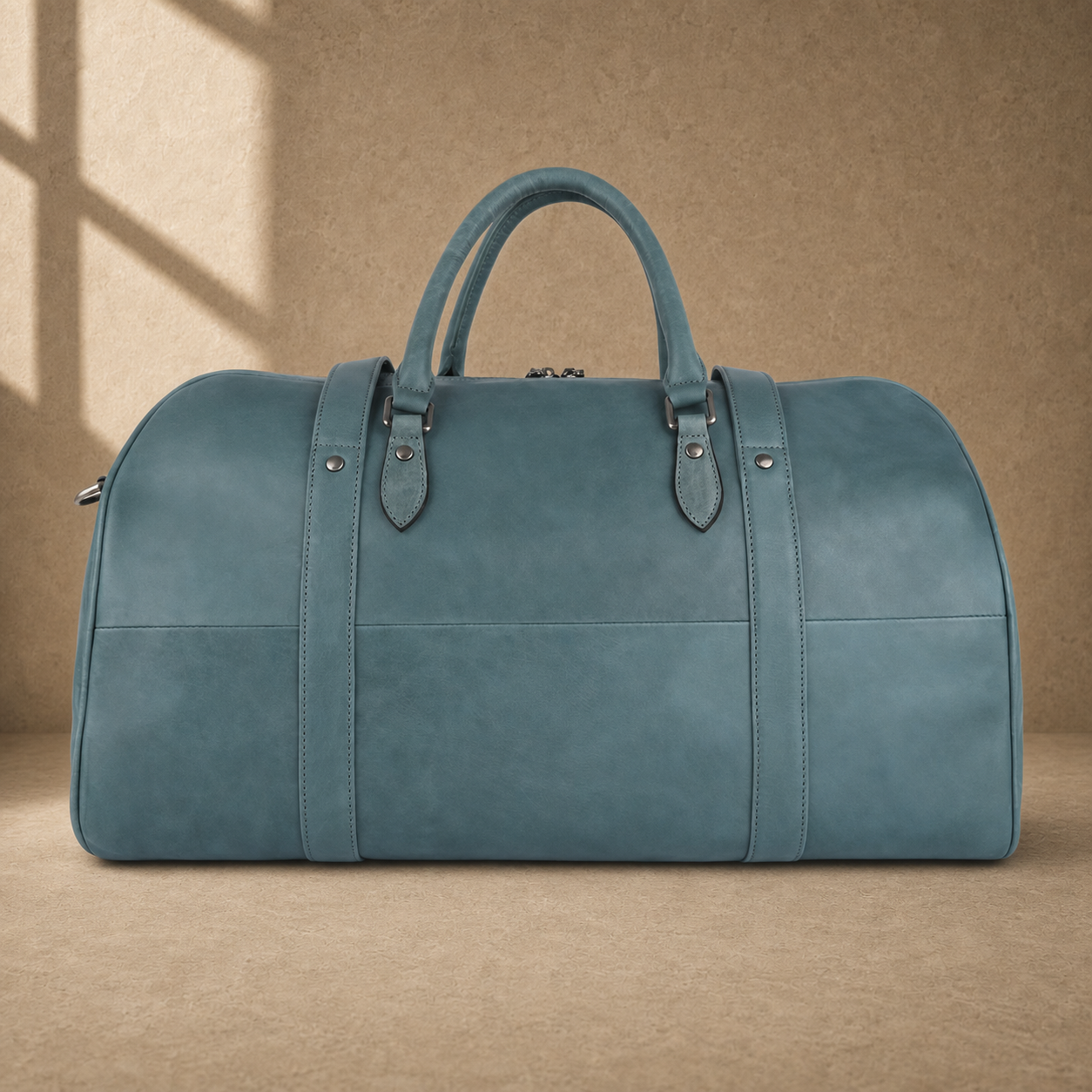 Sky blue structured weekender duffel, rear view