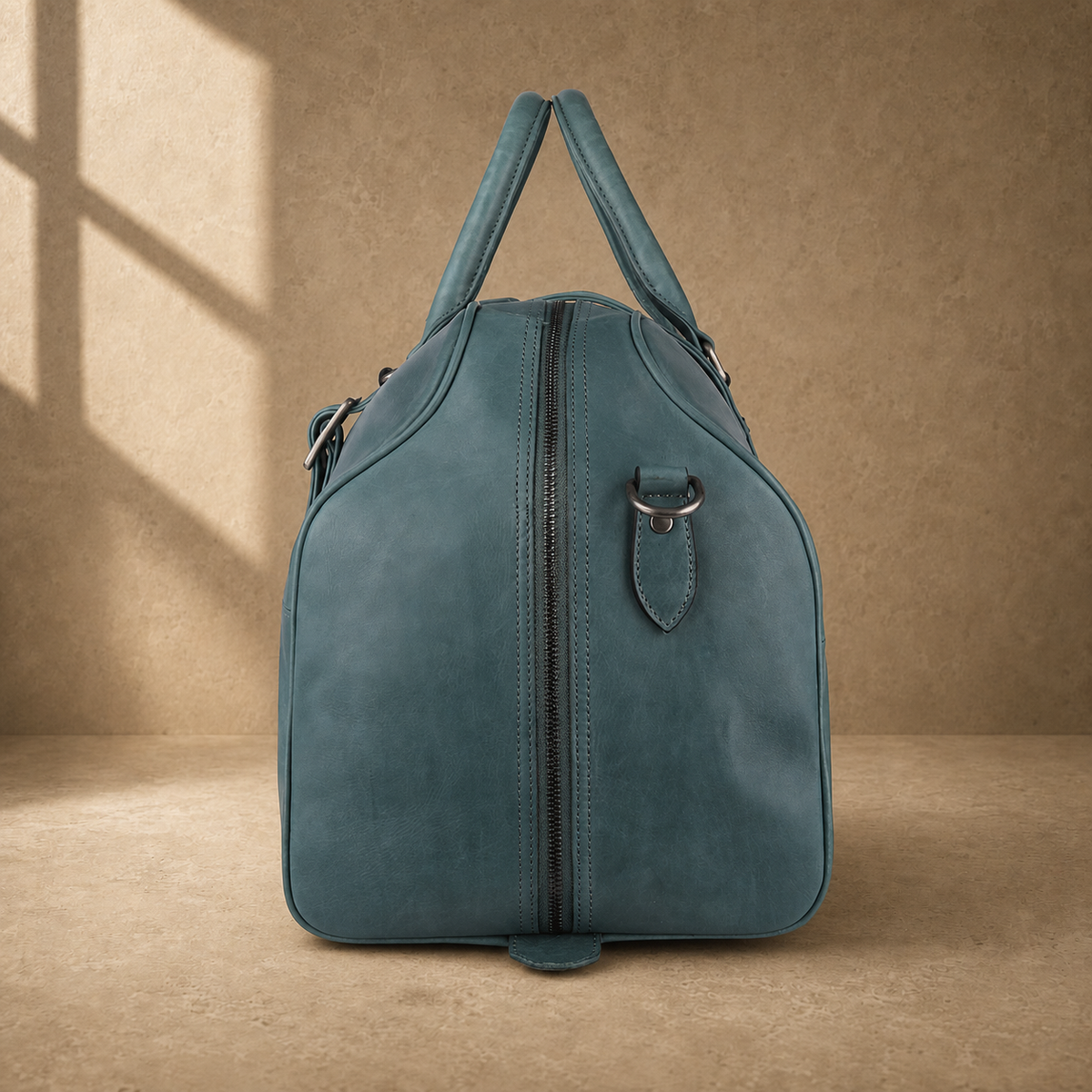 Sky blue structured weekender duffel, zippered side view