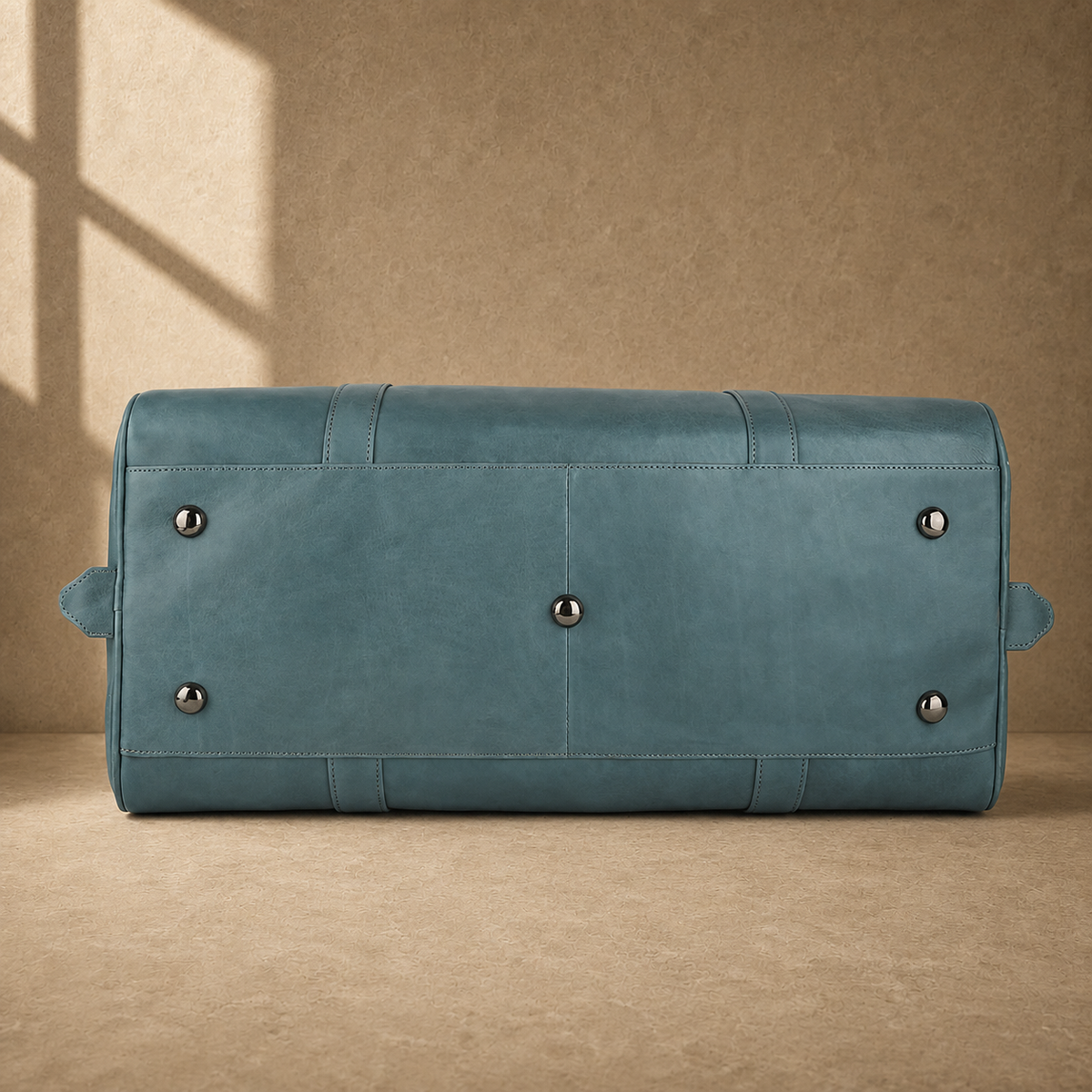 Sky blue structured weekender duffel with protective base feet