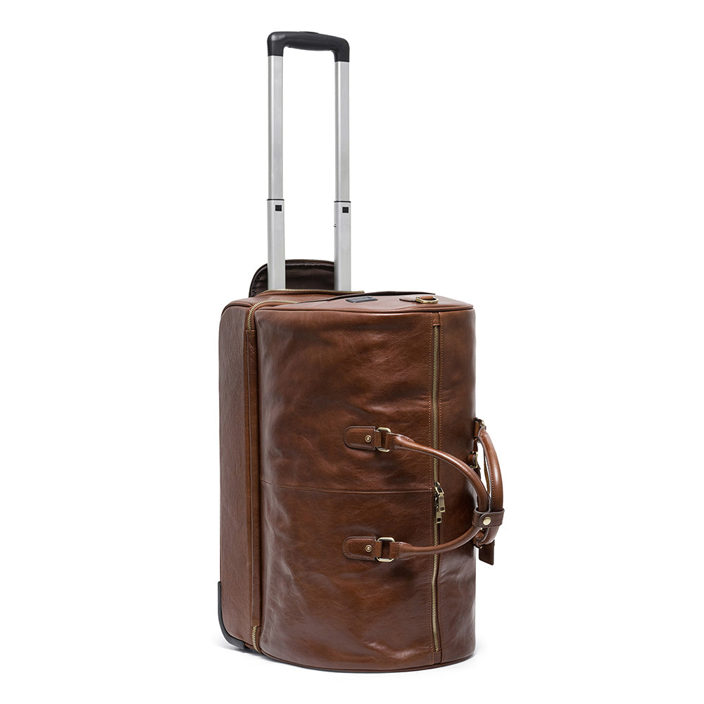 Front product view of The Journey Rolling Leather Duffle