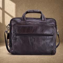 Coffee brown leather laptop work bag, front hero view