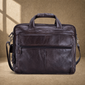 Coffee brown leather laptop work bag, front hero view
