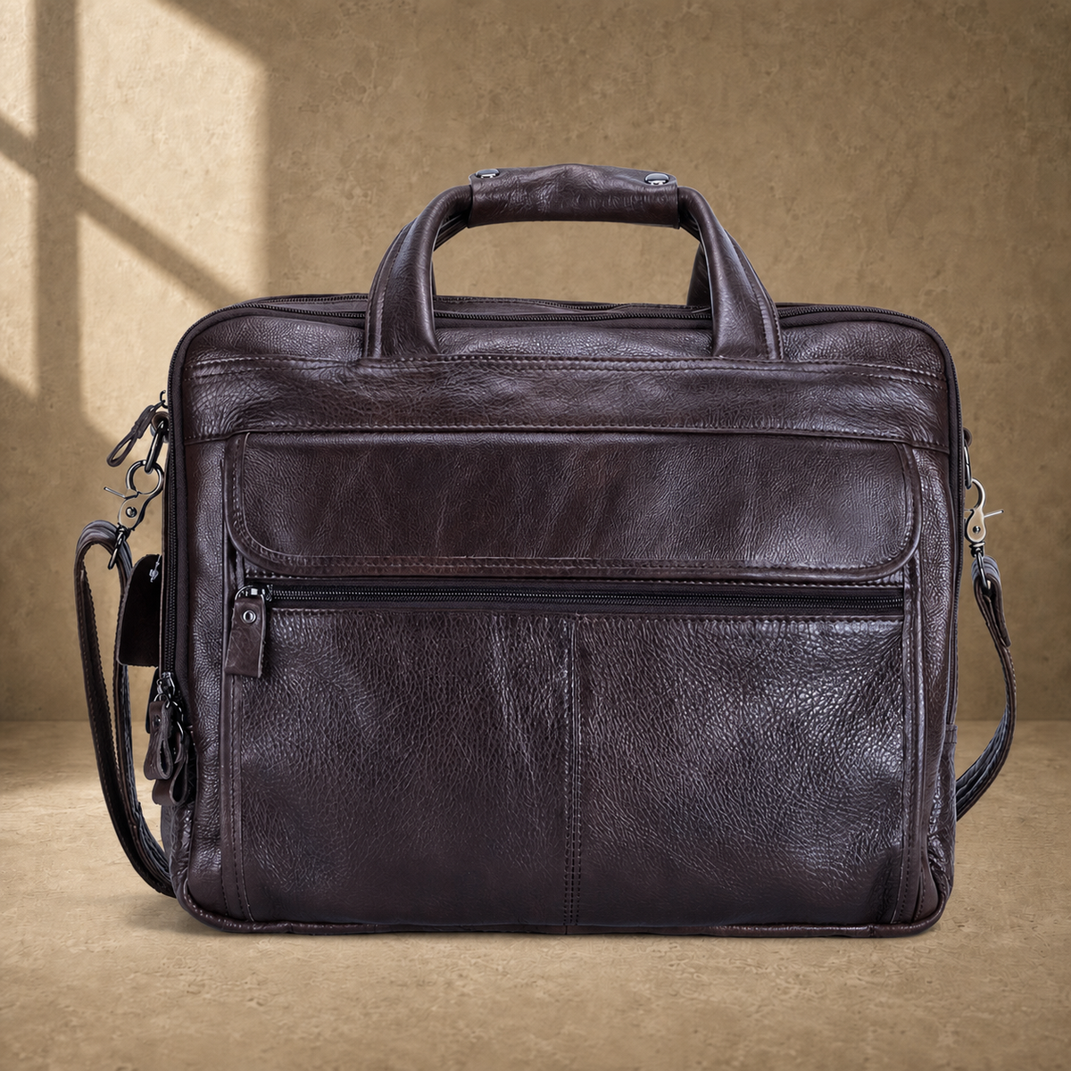 Coffee brown leather laptop work bag, front hero view