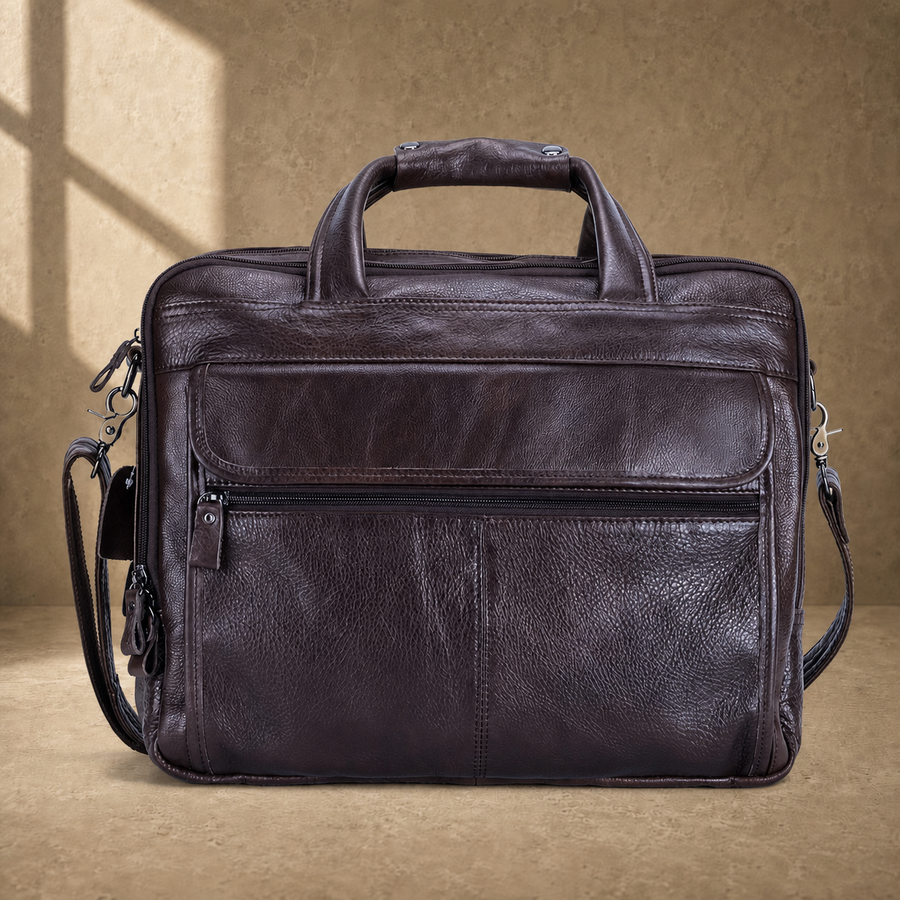 Coffee brown leather laptop work bag, front hero view