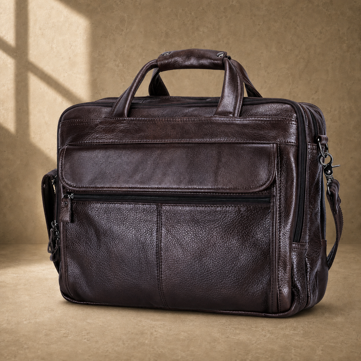 Coffee brown leather laptop work bag, front three-quarter view