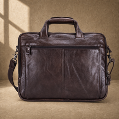 Coffee brown leather laptop work bag, rear zipper pocket view