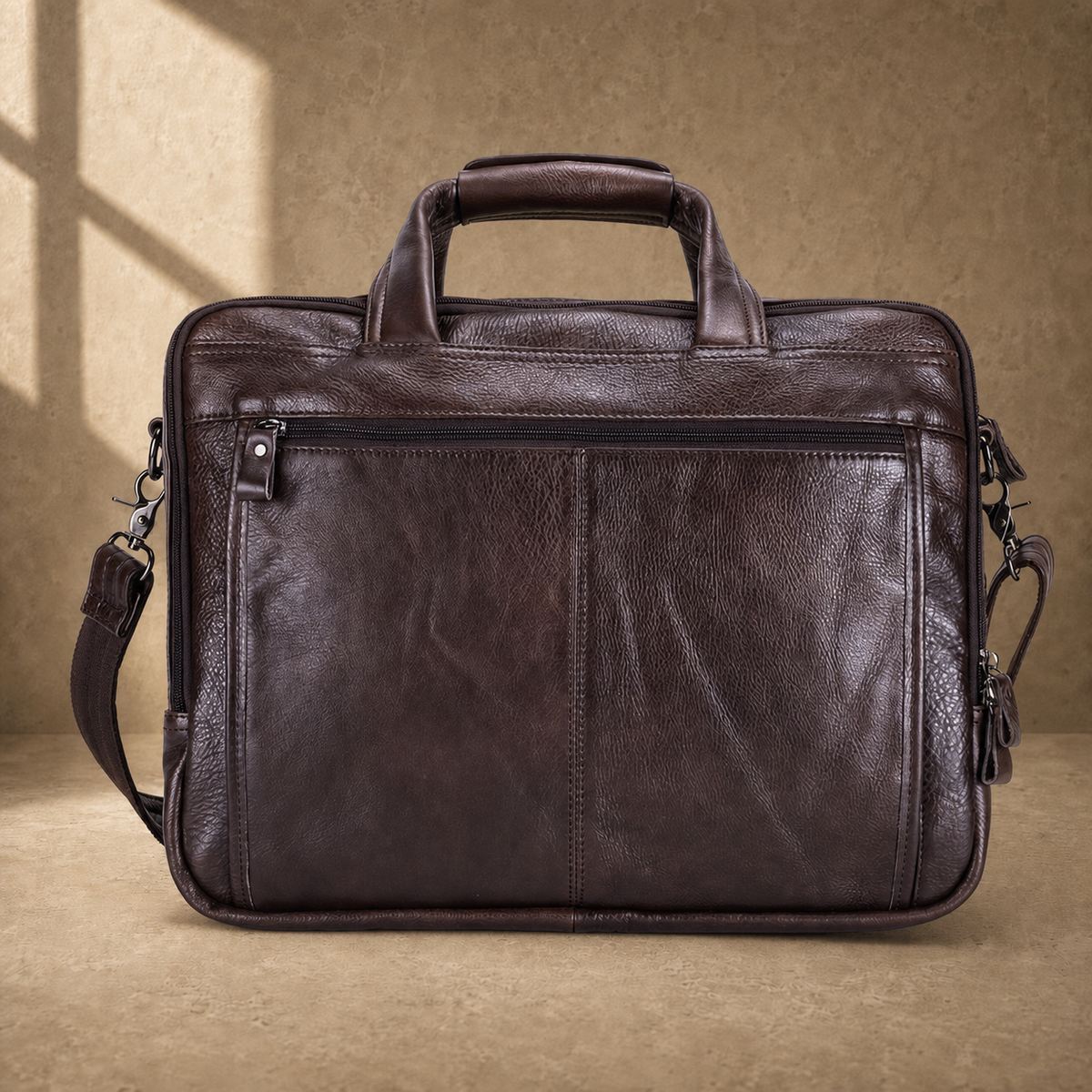 Coffee brown leather laptop work bag, rear zipper pocket view