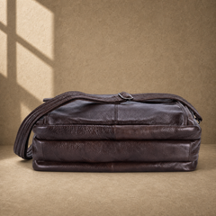 Coffee brown leather laptop work bag, reinforced base view