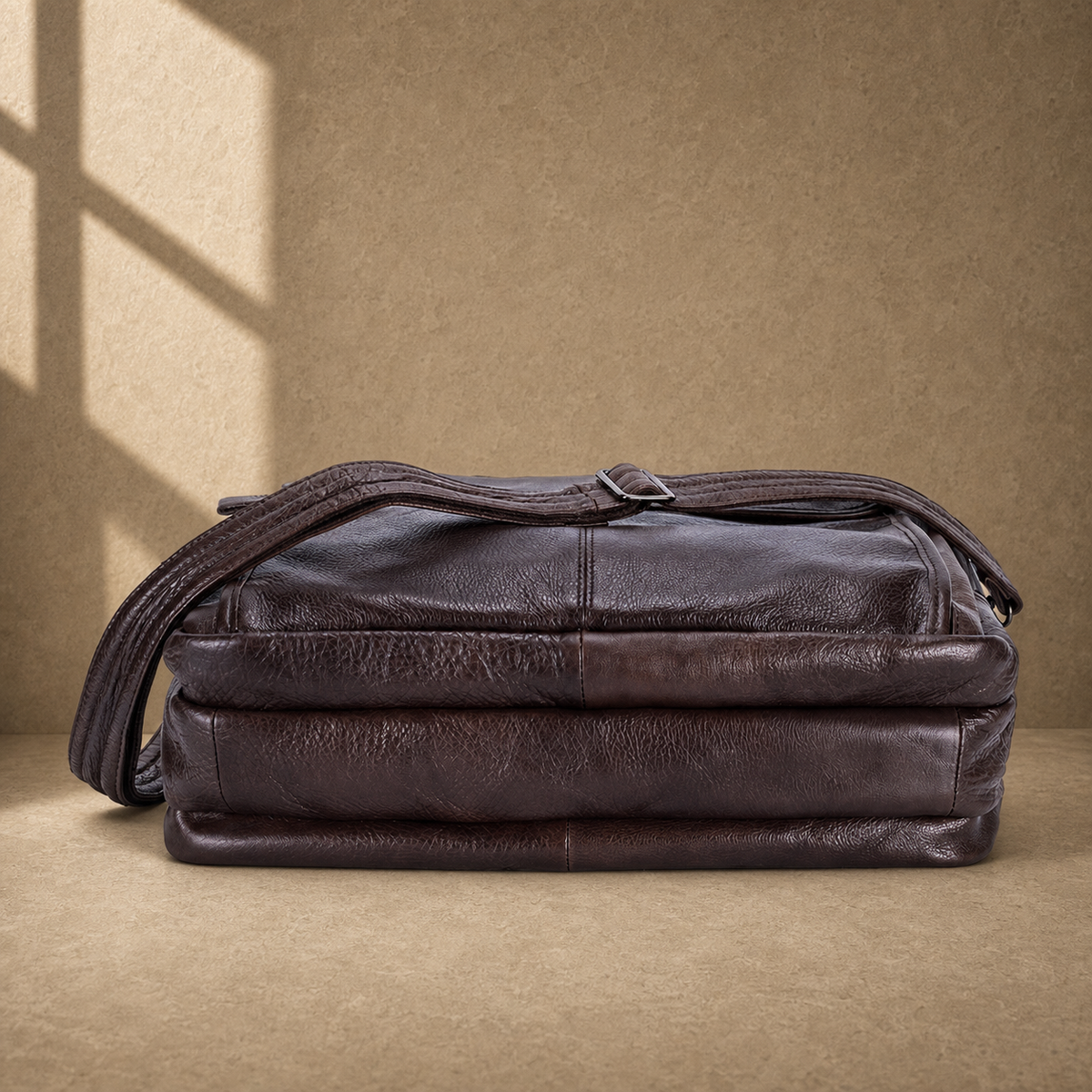Coffee brown leather laptop work bag, reinforced base view