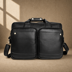 Black cowhide multi-pocket briefcase front view