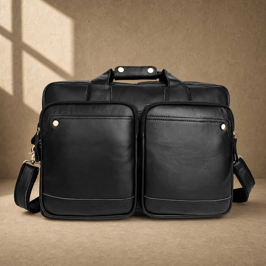 Black cowhide multi-pocket briefcase front view
