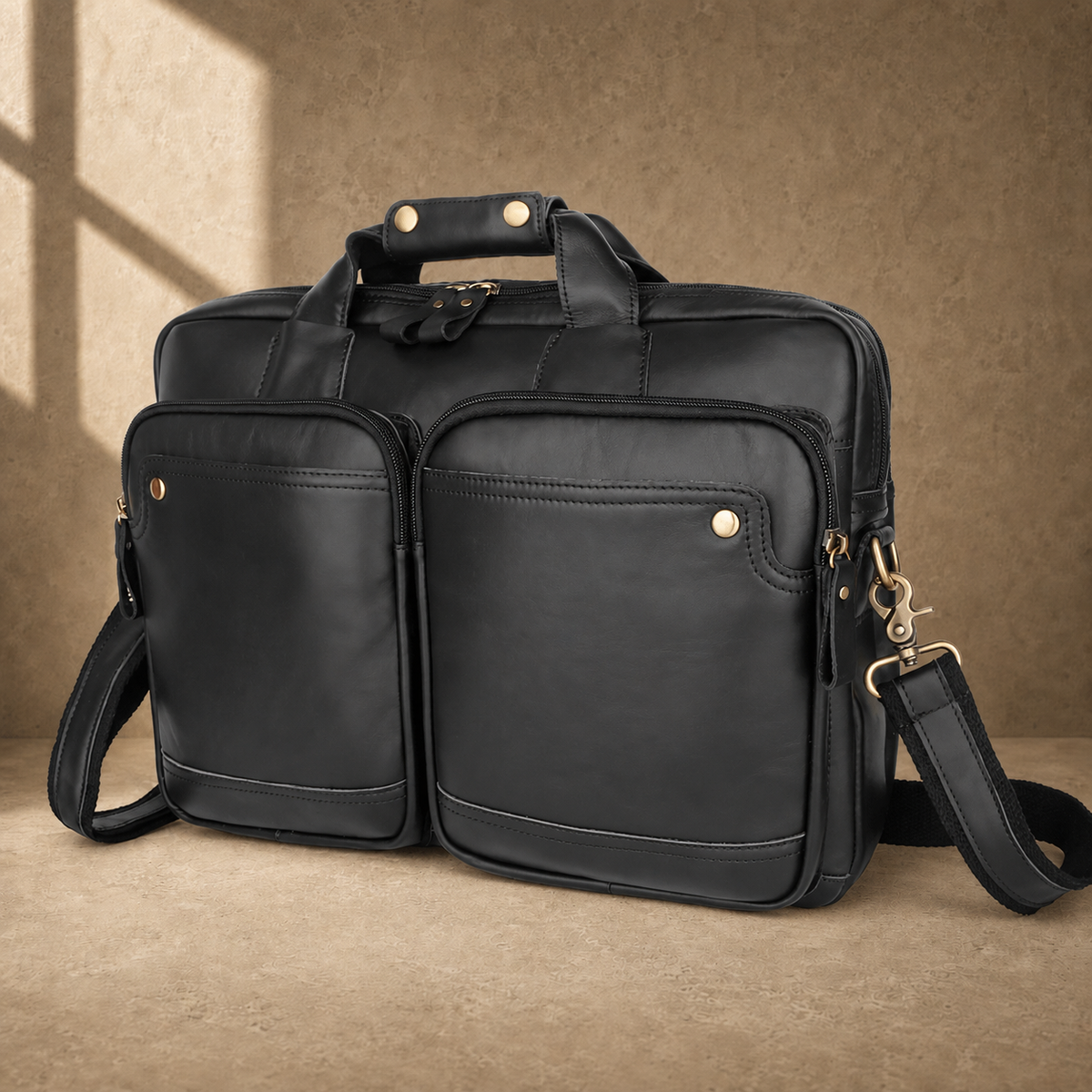 Black cowhide multi-pocket briefcase three-quarter view
