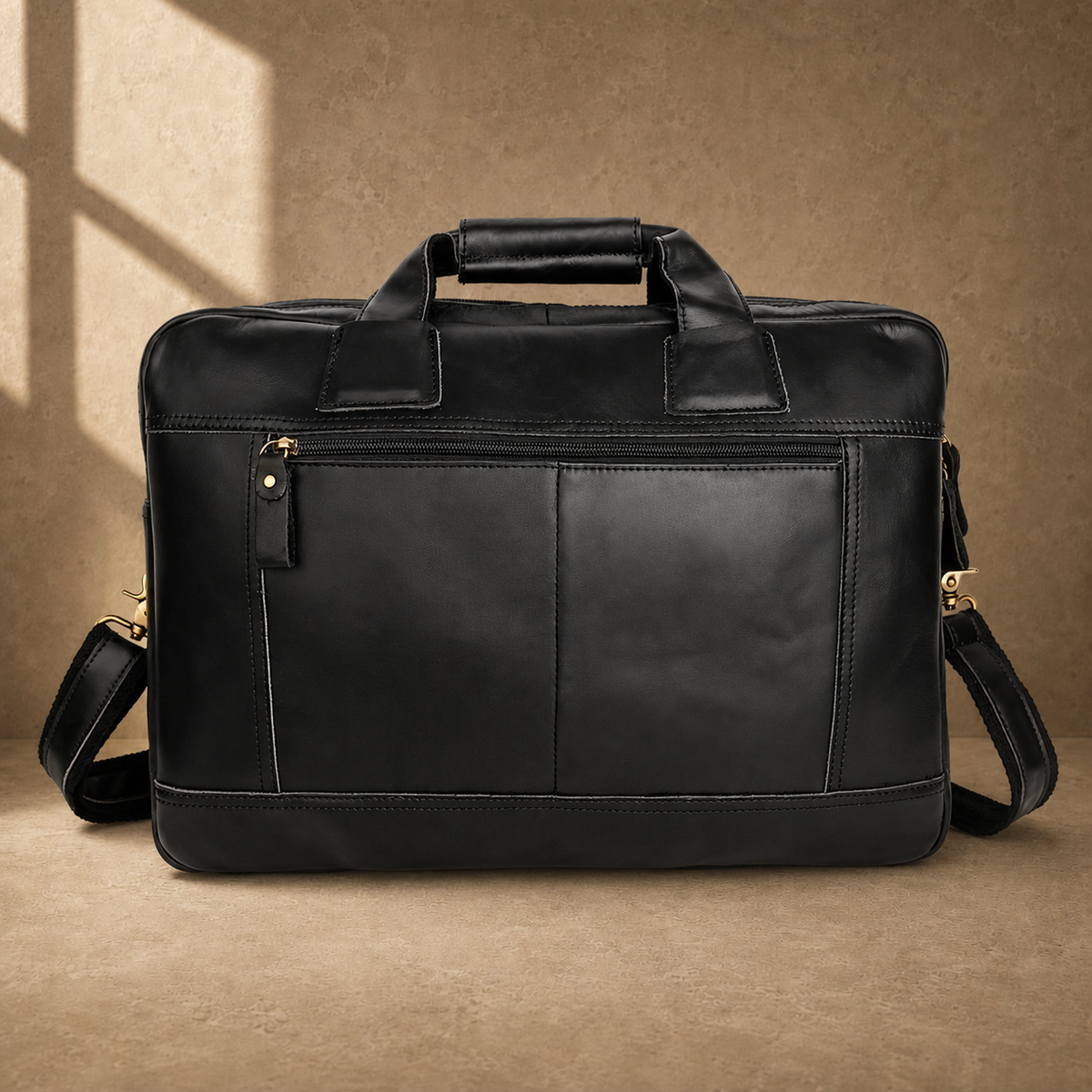 Black cowhide multi-pocket briefcase rear view