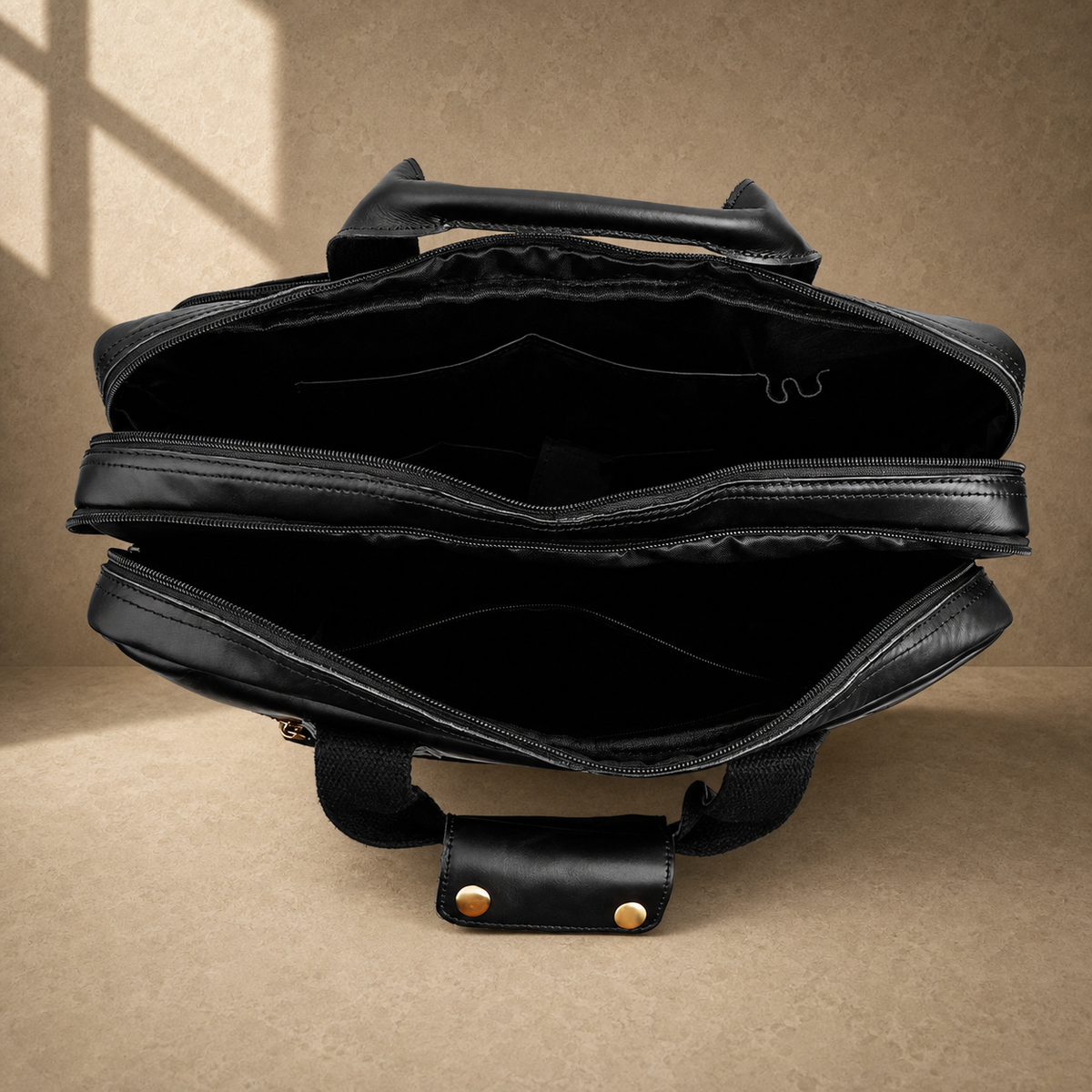 Black cowhide multi-pocket briefcase empty organized interior