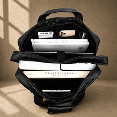 Black cowhide multi-pocket briefcase packed laptop capacity