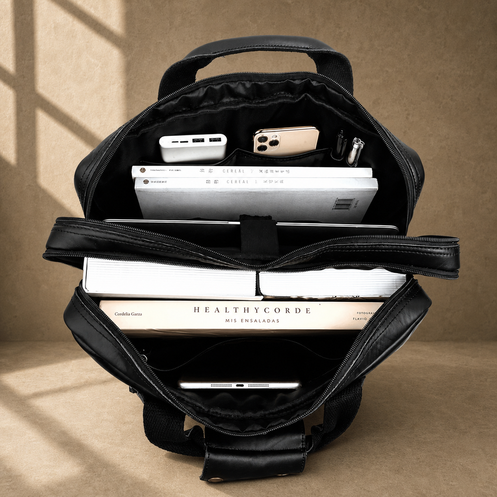 Black cowhide multi-pocket briefcase packed laptop capacity
