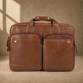 Brown cowhide dual-zip briefcase bag, front hero view