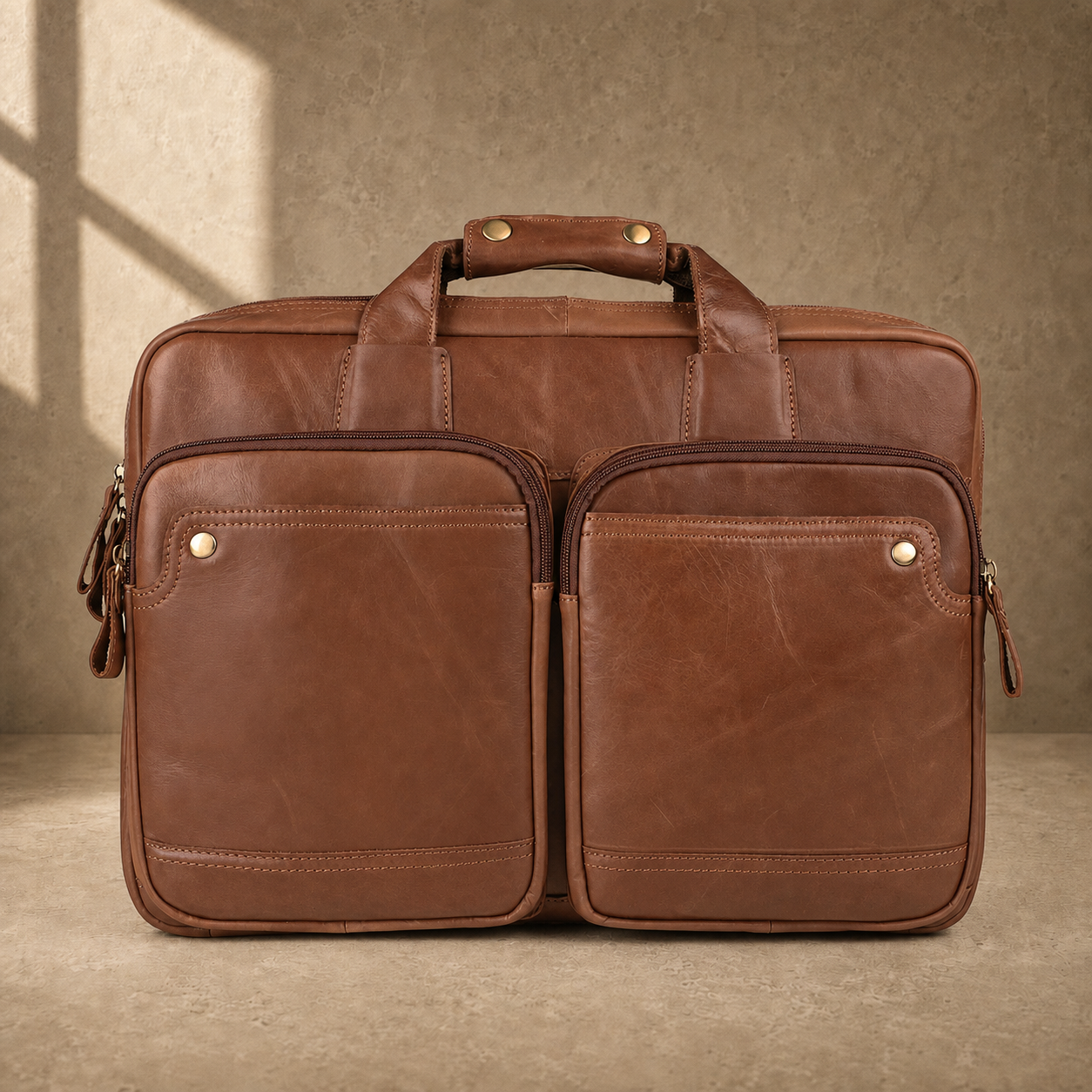 Brown cowhide dual-zip briefcase bag, front hero view