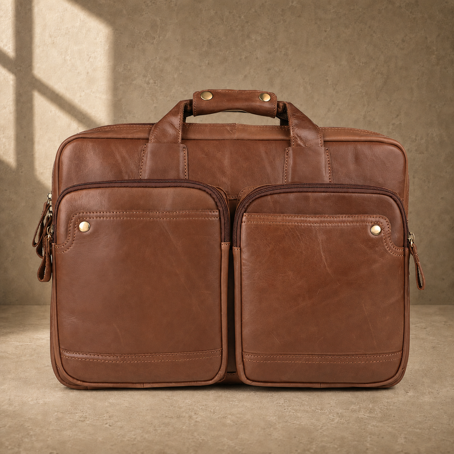 Brown cowhide dual-zip briefcase bag, front hero view