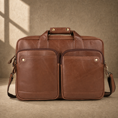 Brown cowhide dual-zip briefcase bag with shoulder strap, front view