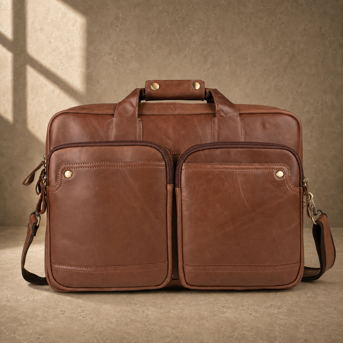 Brown cowhide dual-zip briefcase bag with shoulder strap, front view