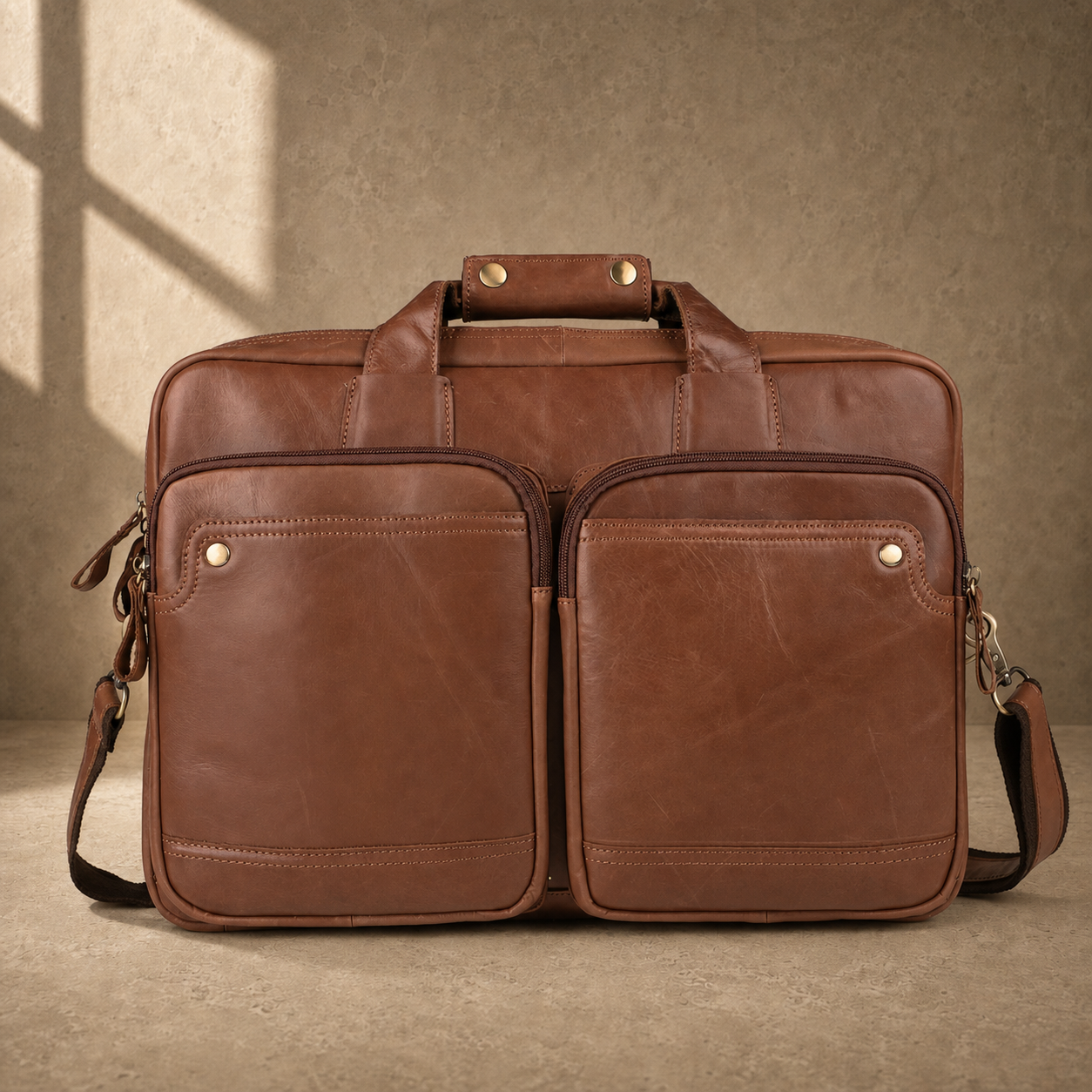 Brown cowhide dual-zip briefcase bag with shoulder strap, front view
