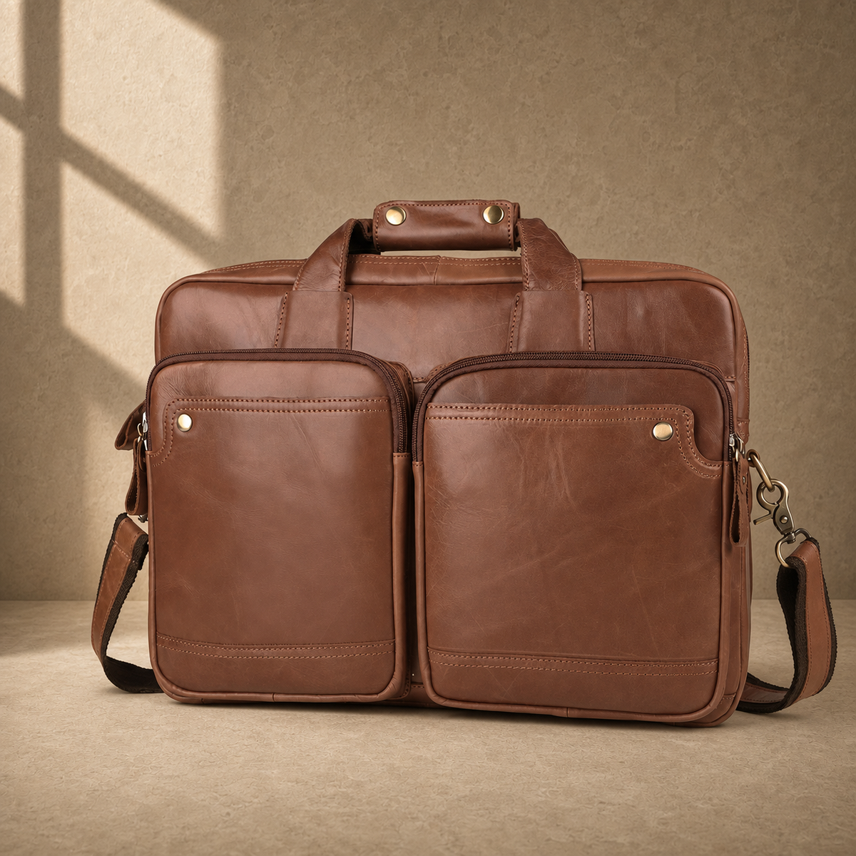 Brown cowhide dual-zip briefcase bag, three-quarter front view