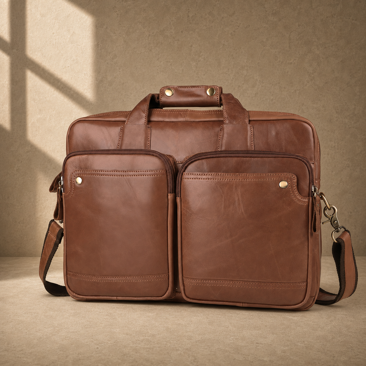 Brown cowhide dual-zip briefcase bag, three-quarter front view