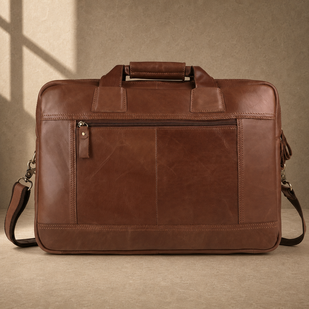 Brown cowhide dual-zip briefcase bag, rear zipper pocket view