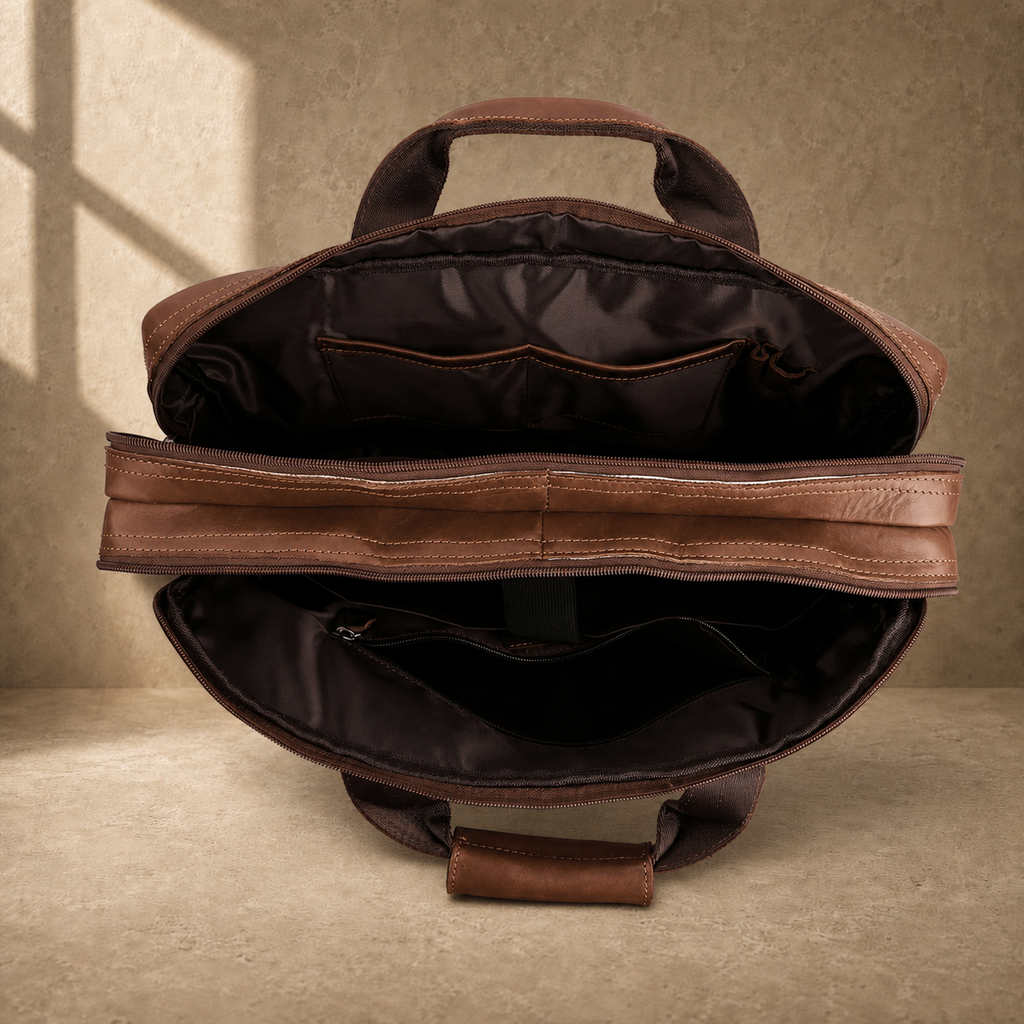 Brown cowhide dual-zip briefcase bag, empty compartment view
