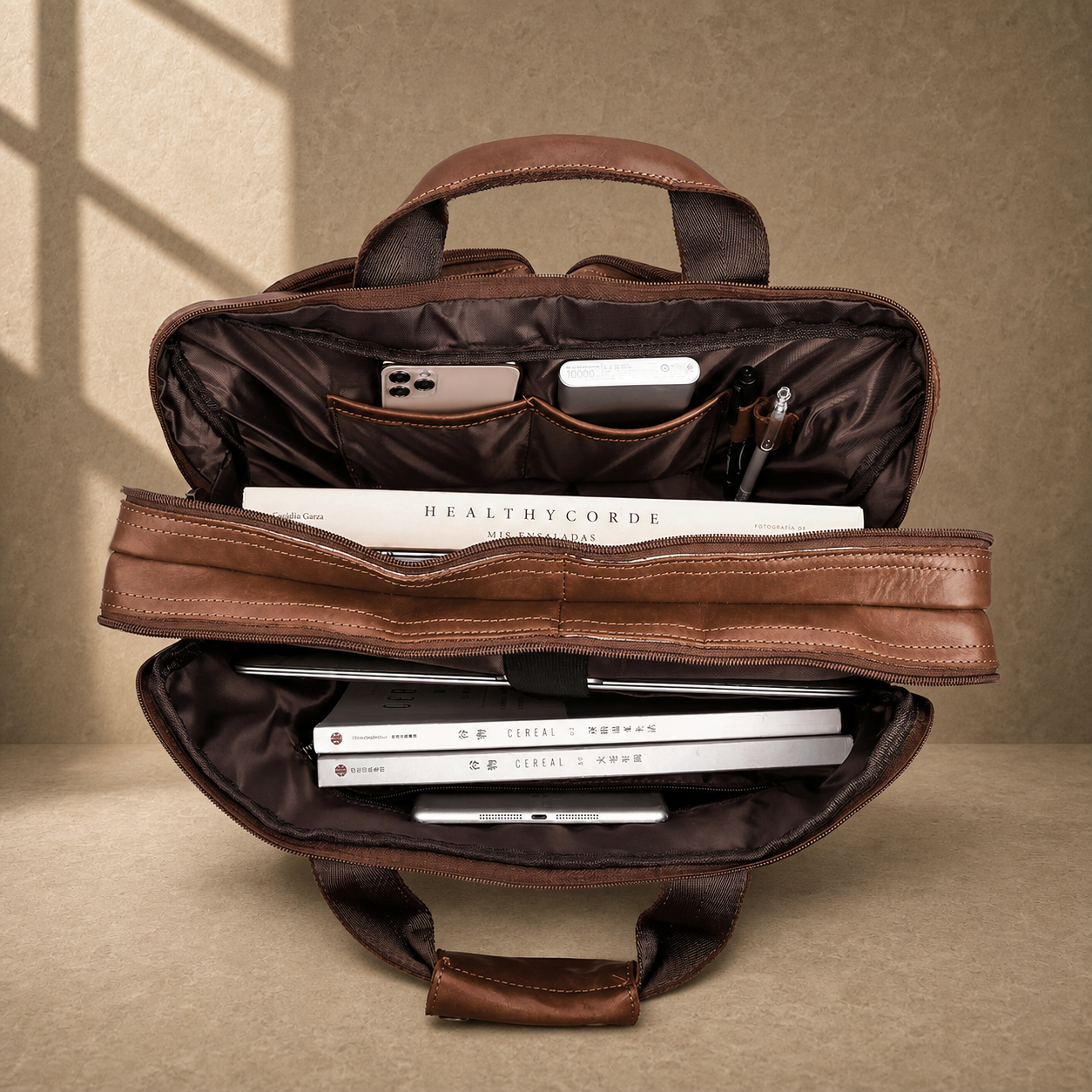 Brown cowhide dual-zip briefcase bag, packed laptop capacity view