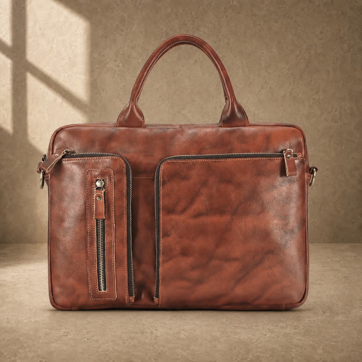 Brown cowhide leather work briefcase, straight front hero view