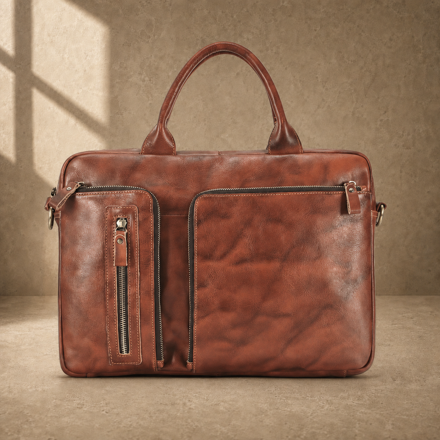 Brown cowhide leather work briefcase, straight front hero view