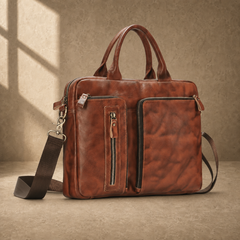 Brown cowhide leather work briefcase, front three-quarter view