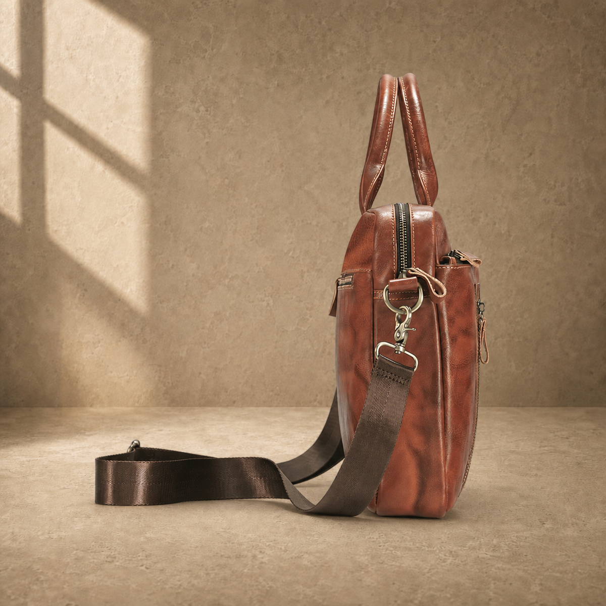 Brown cowhide leather work briefcase, side profile with shoulder strap