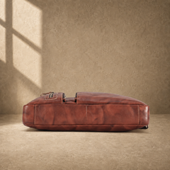 Brown cowhide leather work briefcase, reinforced base view